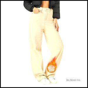 Fleece Lined Harem Jeans Mid Rise Thermal Winter Plush Denim with Pockets